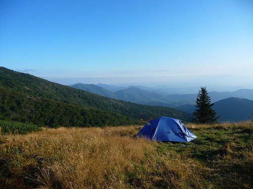 Hills, tent, forest