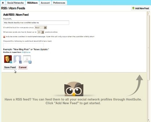 HootSuite: RSS site monitoring and relaying the titles of new posts on Twitter